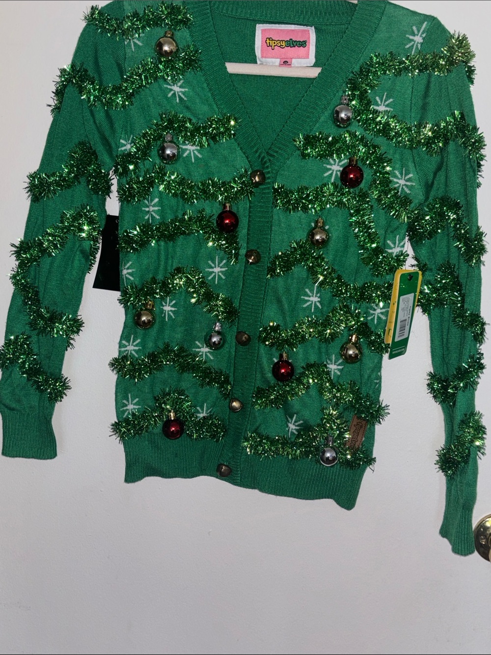 Tipsy Elves Green Holiday Tinsel Cardigan with Ornaments